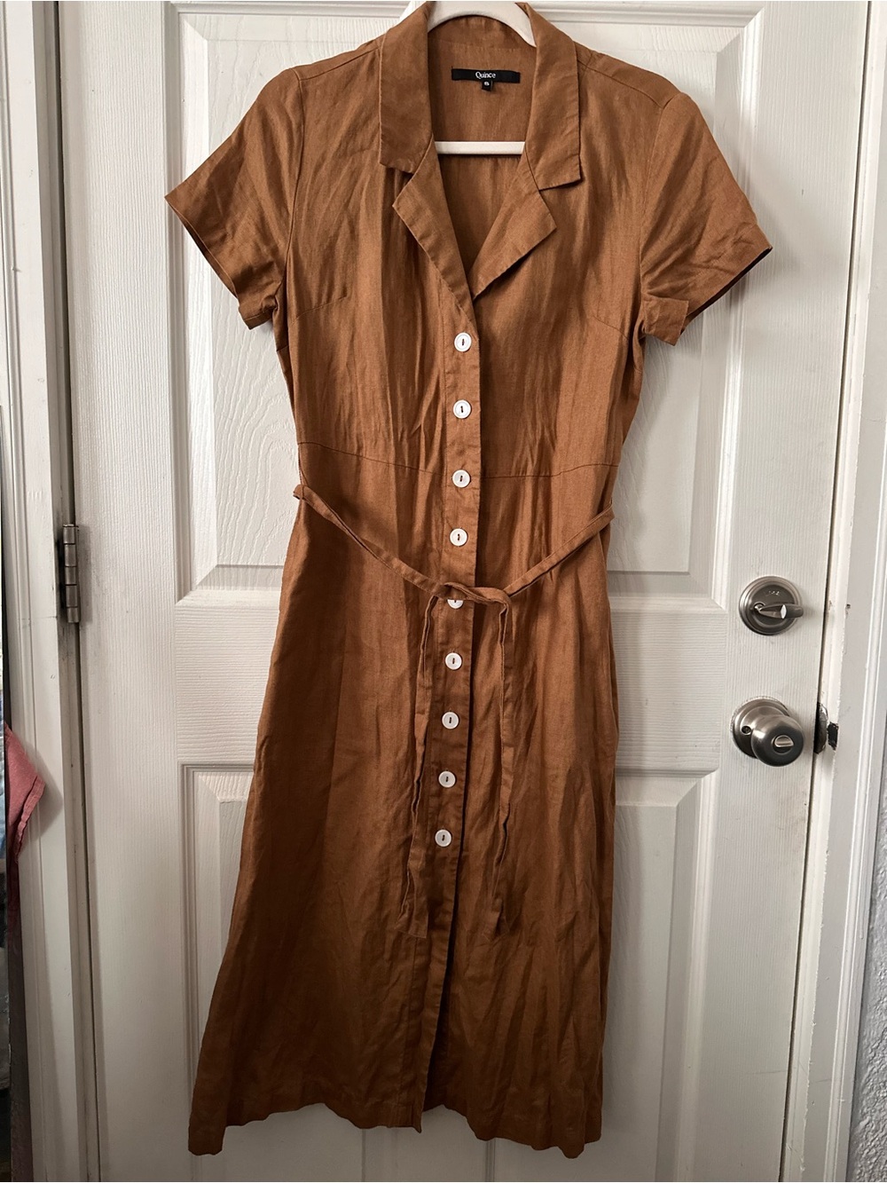 Quince Rust Brown Button-Front Midi Dress with Tie Waist